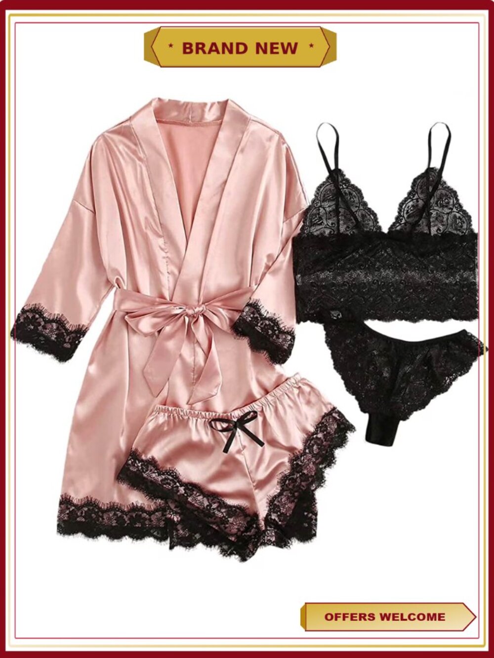 Women's Satin Pajama Set 4 Piece with Lace Trim Top Shorts & Robe Lounge